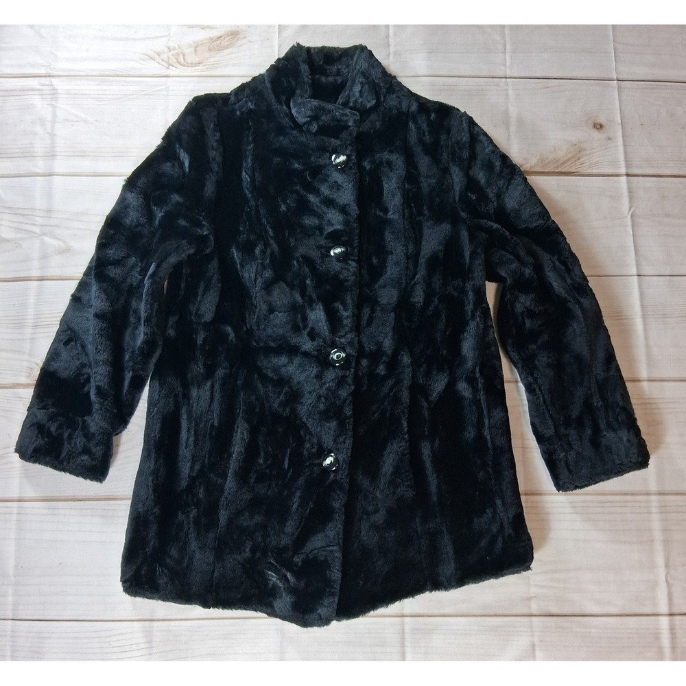 Sears Fashions Vintage 1970s Faux Fur Swing Coat Size 14 Black Notched Collar